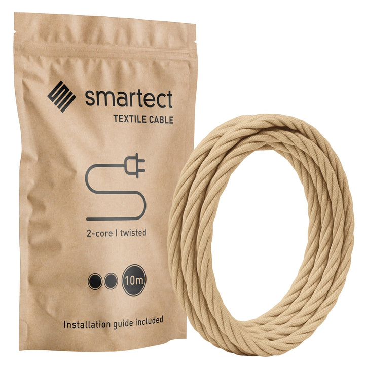 smartect Textilkabel Hellbraun, 10 Meter Vintage Lampenkabel Stoff Gedreht, 2-Adrig (2 x 0.75 mm²) S