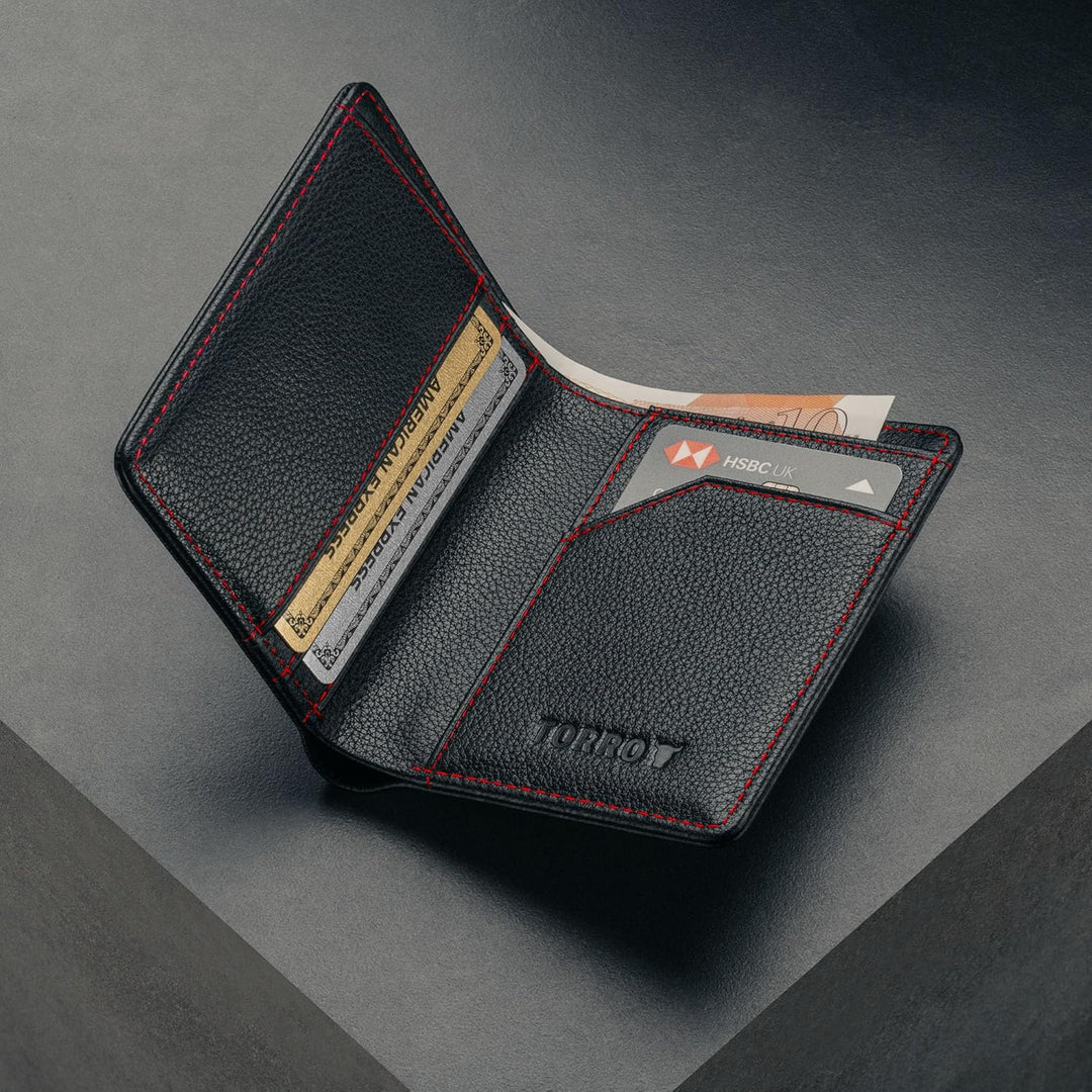 TORRO Herren Geldbörse - Premium-Echtleder-Geldbörse mit RFID-Schutz Slim Bi-Fold Schwarz mit Roten