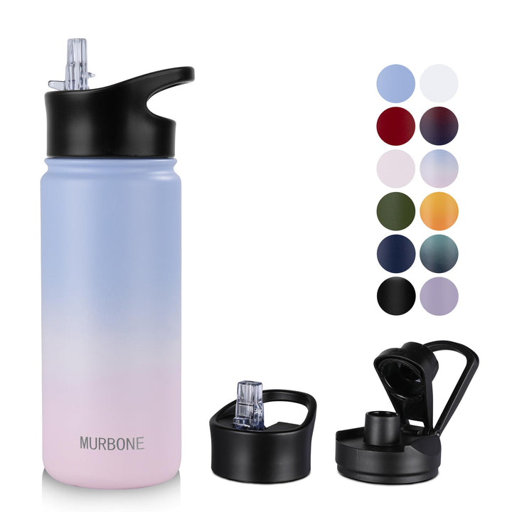 Edelstahl Trinkflasche 500ml (+2 Deckel)-mit Strohhalm,BPA frei,Thermosflasche Auslaufsicher,Kohlens