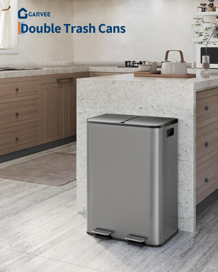 GarveeHome Mülleimer Küche, 2 x 30 L, Mülltrennsystem 2 Fächer, Metall-Tretmülleimer mit Seitlichem
