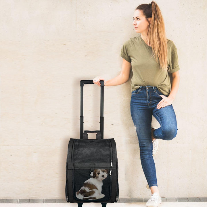 2IN1 Rucksack Trolley Hund Katze bis 15kg Transporttasche mit Rollen Hunderucksack Katzentrolley
