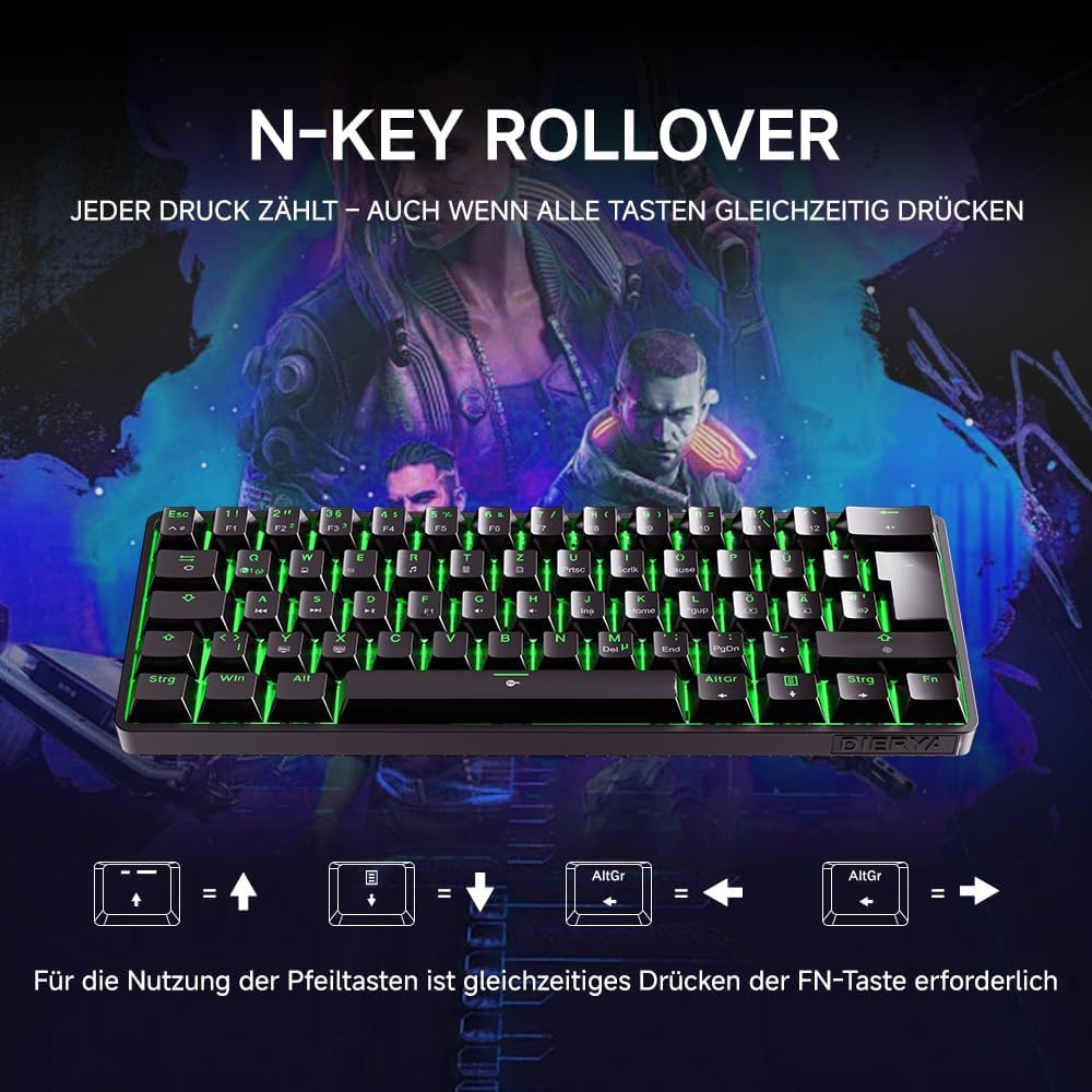 Dierya DK61SE-D Gaming Tastatur 60 Prozent Mechanische Blauer Schalter,QWERTZ Deutsches Layout,Ultra