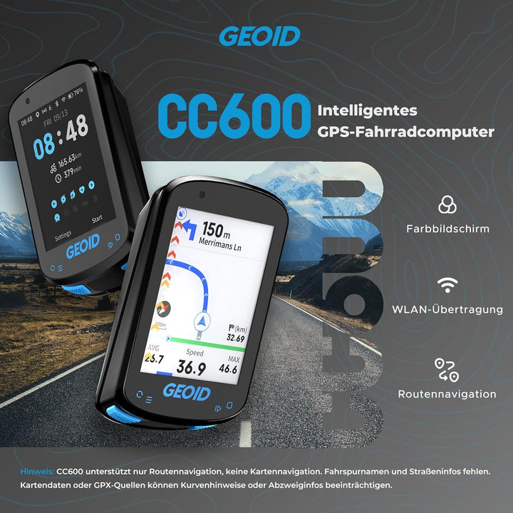 GEOID CC600 GPS Fahrradcomputer, 2,4-Zoll-Farbbildschirm, Kabellos Wasserdicht Fahrrad Tacho, Streck