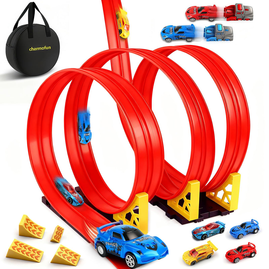 Flexible Rennbahn Kinder 5M, Autorennbahn für Kinder mit 4 Autos, Aufbewahrungstasche, Katapult, Ren