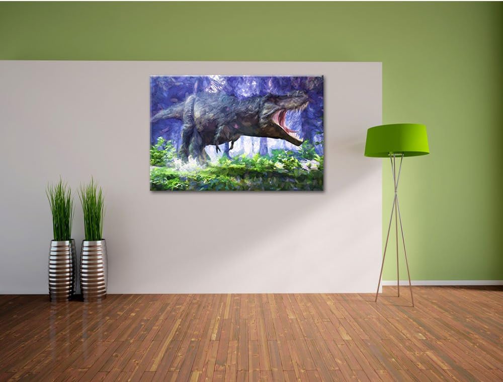 Pixxprint T-Rex Dinosaurier im Wald Kunst / 100x70cm Leinwandbild bespannt auf Holzrahmen/Wandbild K