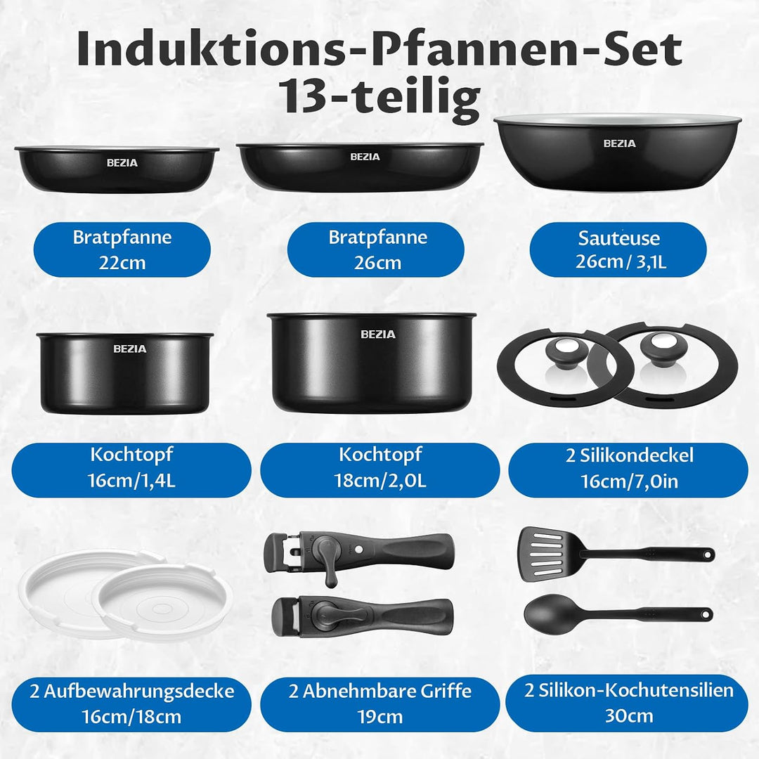 BEZIA Pfannenset mit abnehmbaren Griffen, Töpfe und Pfannen Set mit gesunder Keramikbeschichtung, In