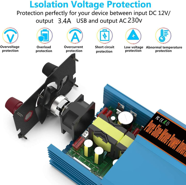 FLAMEZUM 1000W Wechselrichter 12V auf 230V Reiner Sinus Umwandler -Auto Spannungswandler Inverter Ko