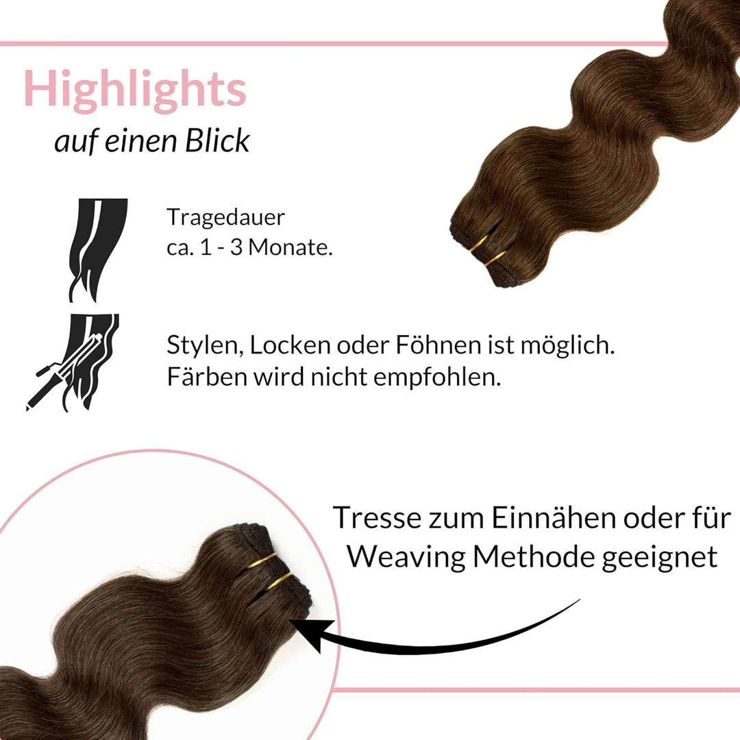 hair2heart Echthaar Tressen zum Einnähen Extensions Gewellt - 40cm 100g 6/3 dunkelblond gold #4 Brau