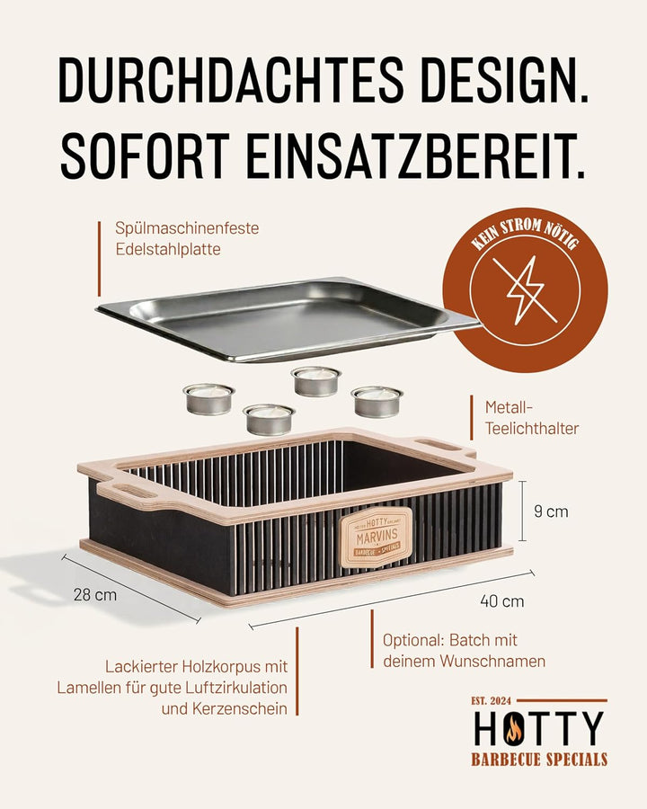 HOTTY Legacy Warmhalteplatte fürs Grillen – BBQ-Design Speisenwärmer mit personalisierbarem Batch –