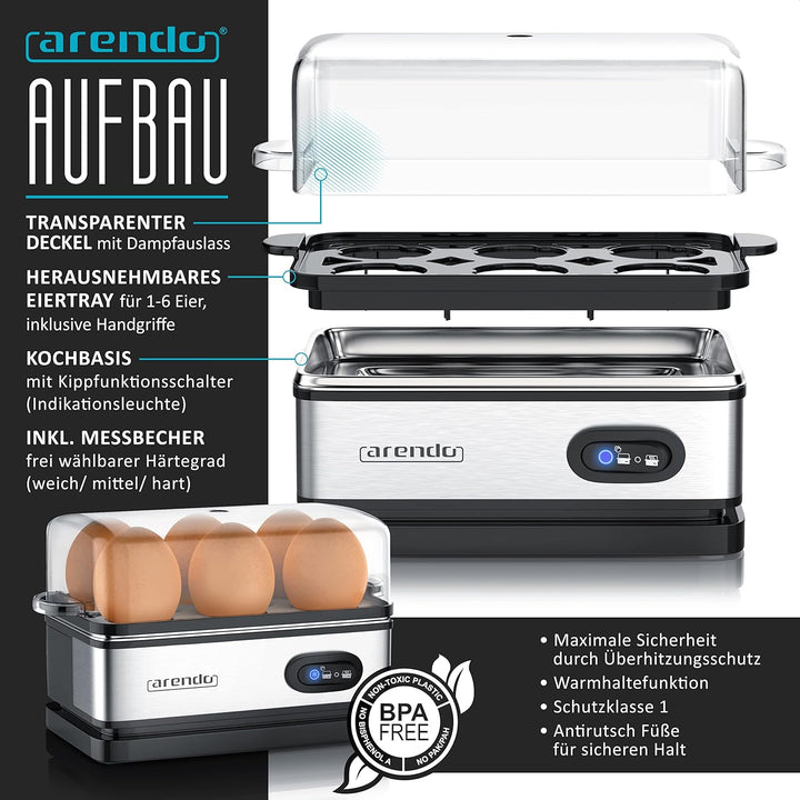 Arendo - SET Toaster FRUKOST mit Eierkocher SIXCOOK Edelstahl Silber, Toaster 2 Scheiben, LED-Displa
