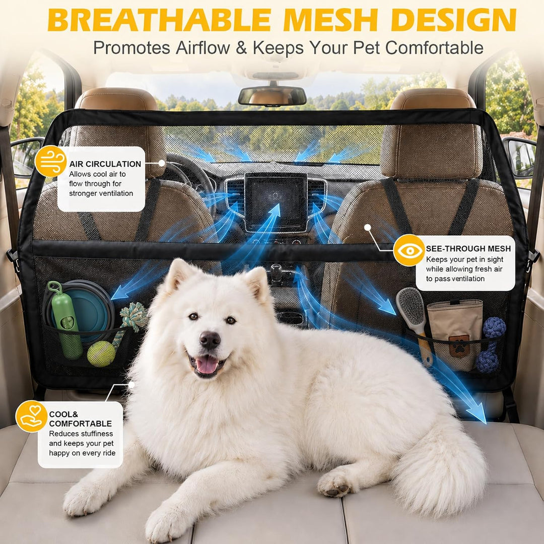 Hundegitter Auto Rücksitz & Kofferraum, 127 x 142 x 81 cm Hunde Schutznetz mit Verstärktem Sichtnetz