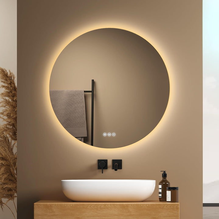 EMKE Badspiegel mit Beleuchtung Rund 60cm, Badezimmerspiegel mit 3 dimmbaren Lichtfarben, Antibeschl