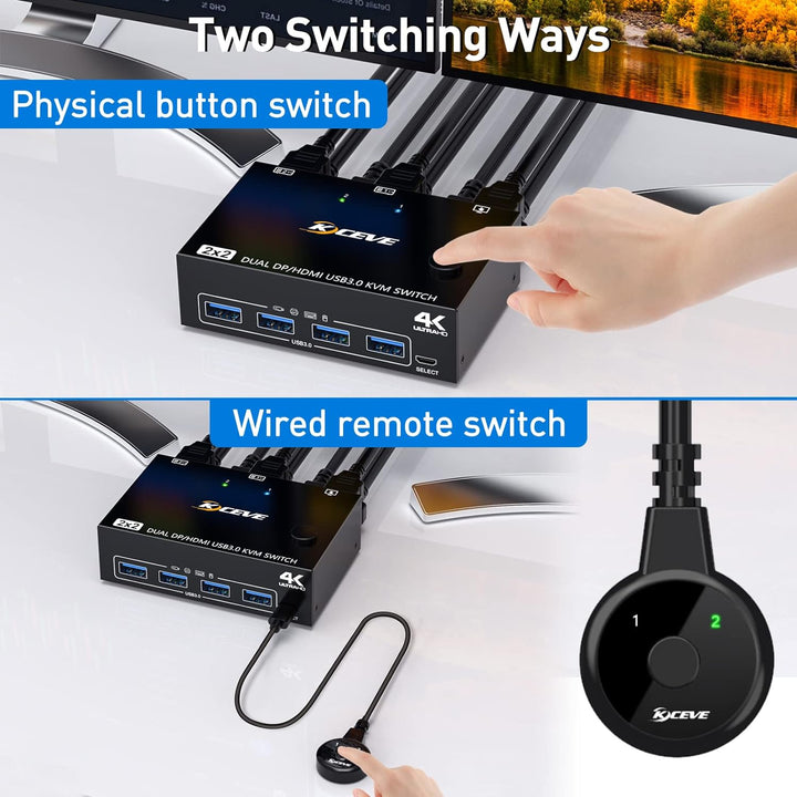 DP + HDMI KVM Switch 2 Computer 2 Monitore, Zwei Monitore Displayport USB 3.0 KVM Umschalter für zwe