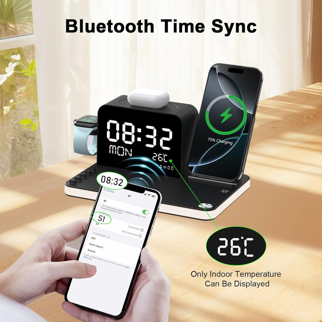 7-in-1 kabelloses Ladegerät mit Uhr, Temperatur & Datum, kompatibel mit iPhone 17/16/15/14/13 Pro Ma
