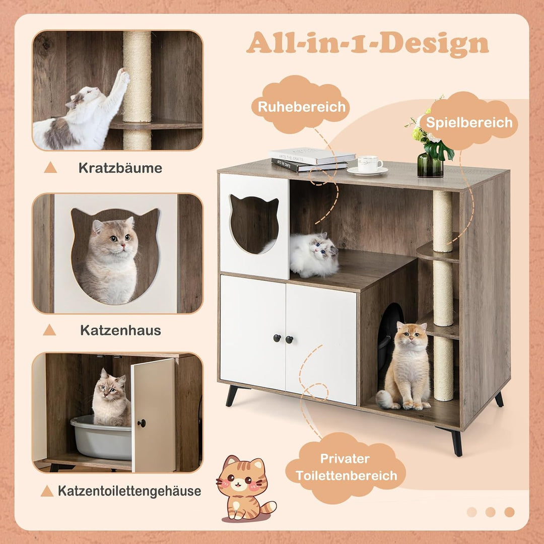 COSTWAY Katzenklo Schrank mit Kratzbaum, Katzenschrank für Katzentoilette mit Katzenhaus, Eingang, 2