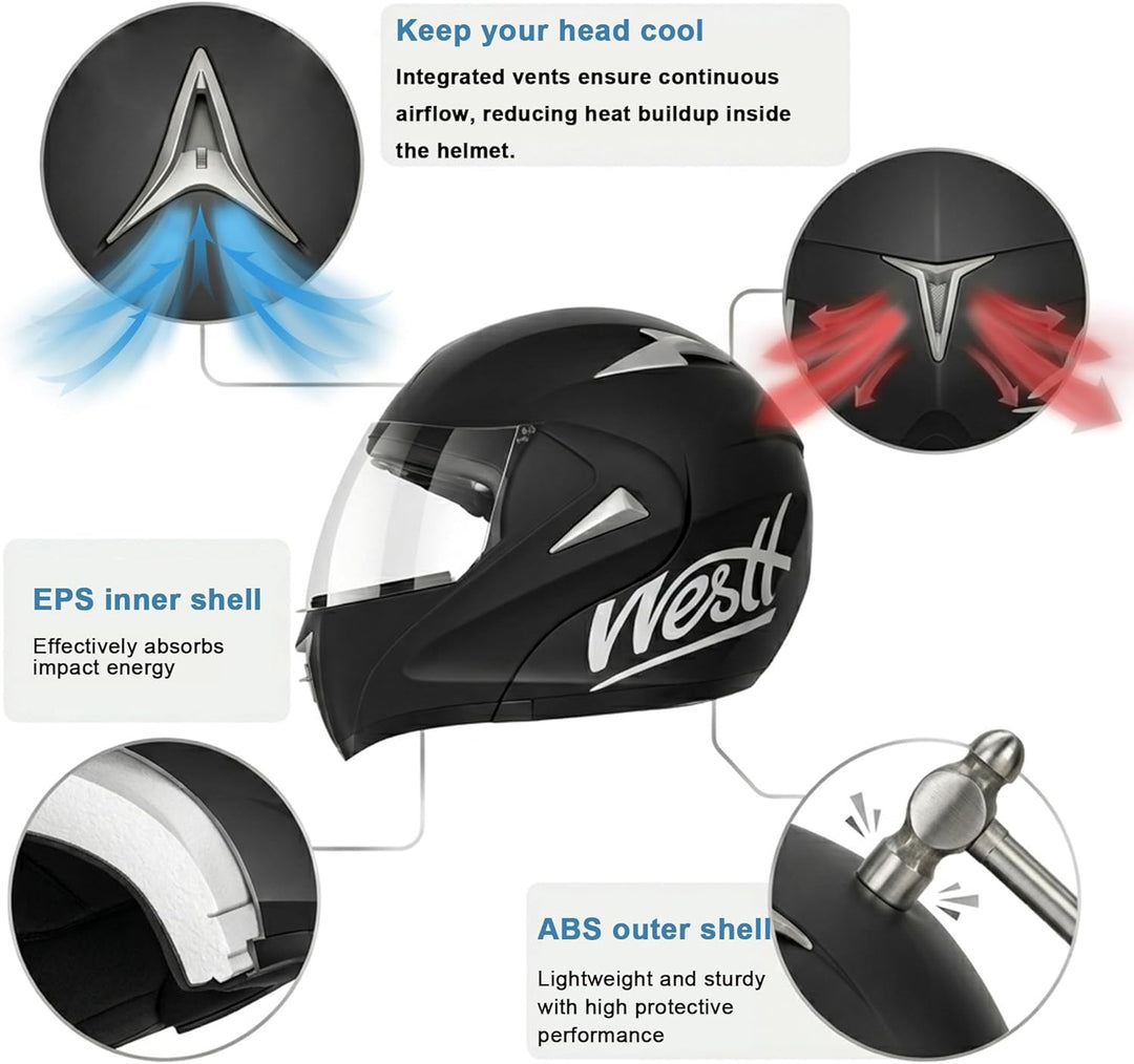Westt Motorradhelm Herren Damen Klapphelm Jethelm mit Kinnschutz Integralhelm Scooter Roller Helm He