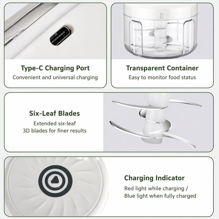 Zerkleinerer elektrisch 350ml Universalzerkleinerer mit 6 Edelstahlklingen, USB-C wiederaufladbar, k