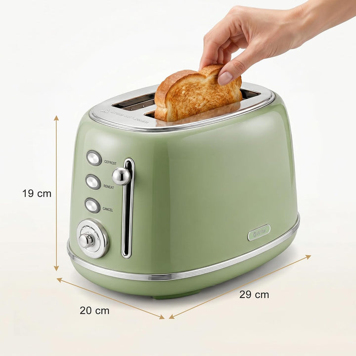 Retro Toaster 2 Scheiben Edelstahl – Brötchenaufsatz, 6 Röststufen, Vorheiz- und Auftaufunktion, Abs