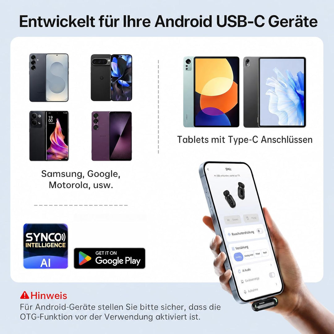 SYNCO SMICT KI Funkmikrofon für Android, Kabelloses Lavalier Mikrofon mit Echtzeit Übersetzung, AI A