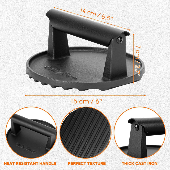 onlyfire Gusseisen Smash Burger Set 3-teilig, Burger Smasher &amp; 2X Schmelzhaube 18cm, Profi Burgerpre
