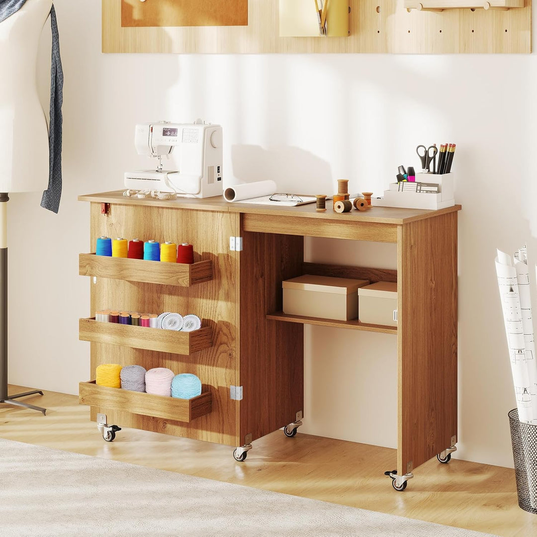 COSTWAY 2 in 1 Nähtisch klappbar, Nähmaschinenschrank aus Holz mit Regalen & Ablagefach, Nähschrank