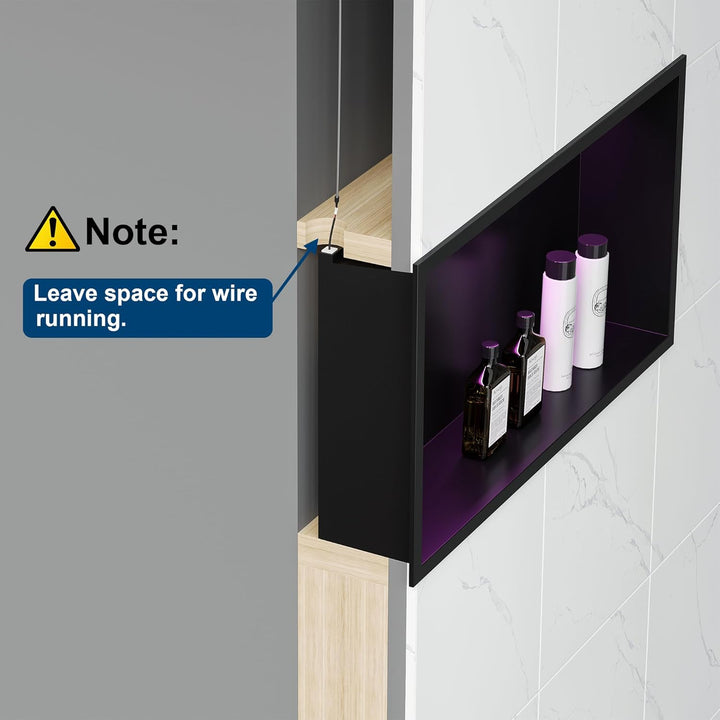 Wandnische Dusche Edelstahl mit RGB LED-Licht, Eingebettete Duschnische Schwarz Einzelregal Lagerung