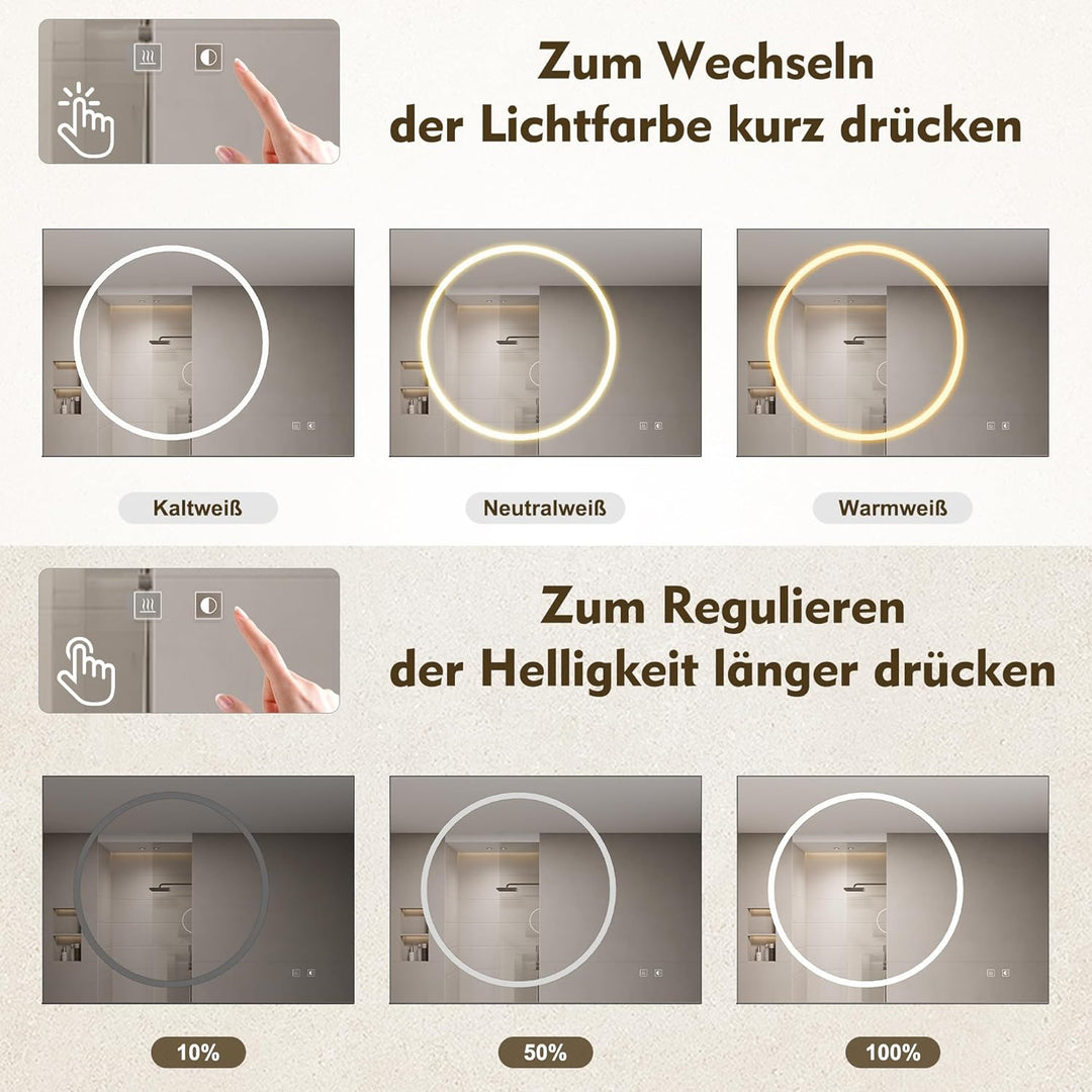 SONNI LED Badspiegel 70x50cm mit 70cm Ablage, Touch Badezimmerspiegel 3 Lichtfarben, Anti-Beschlag &