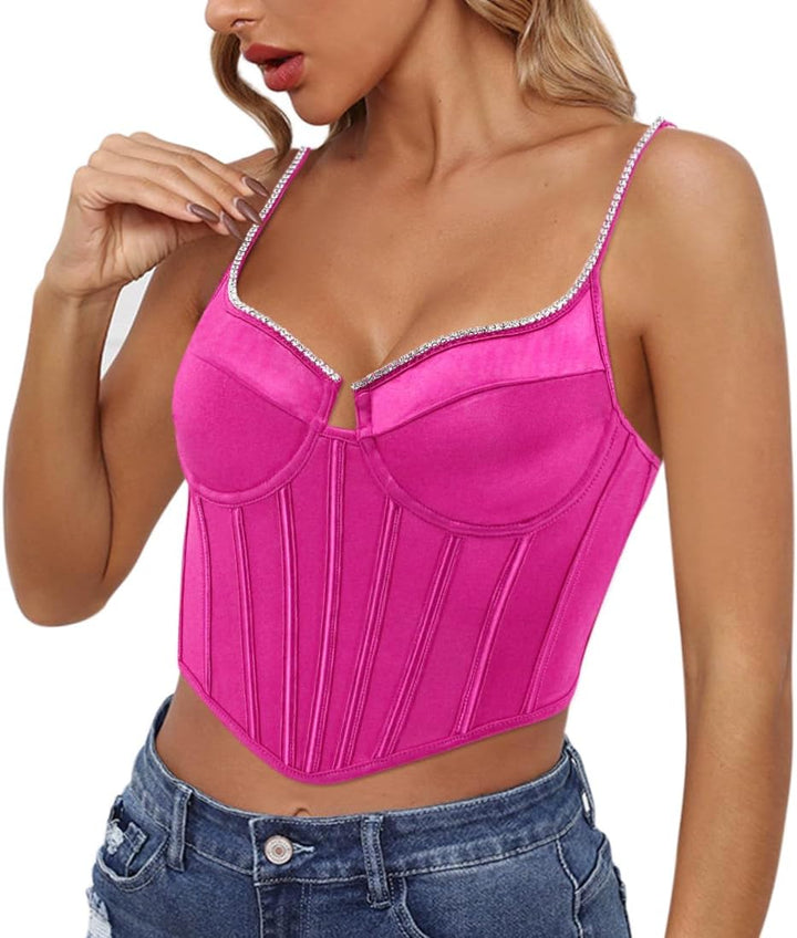 Naimo Damen Seide Satin Top Strass Korsett Bustier Cami Sexy Ärmellos Spaghettiträger Crop Tank Top