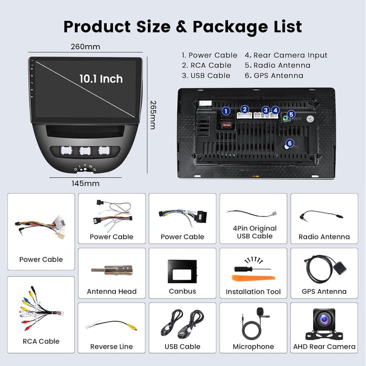 Hikity 2+64G Android 15 Autoradio für Toyota Aygo/Peugeot 107/ Citroen C1 2005-2014 Radio Wireless C
