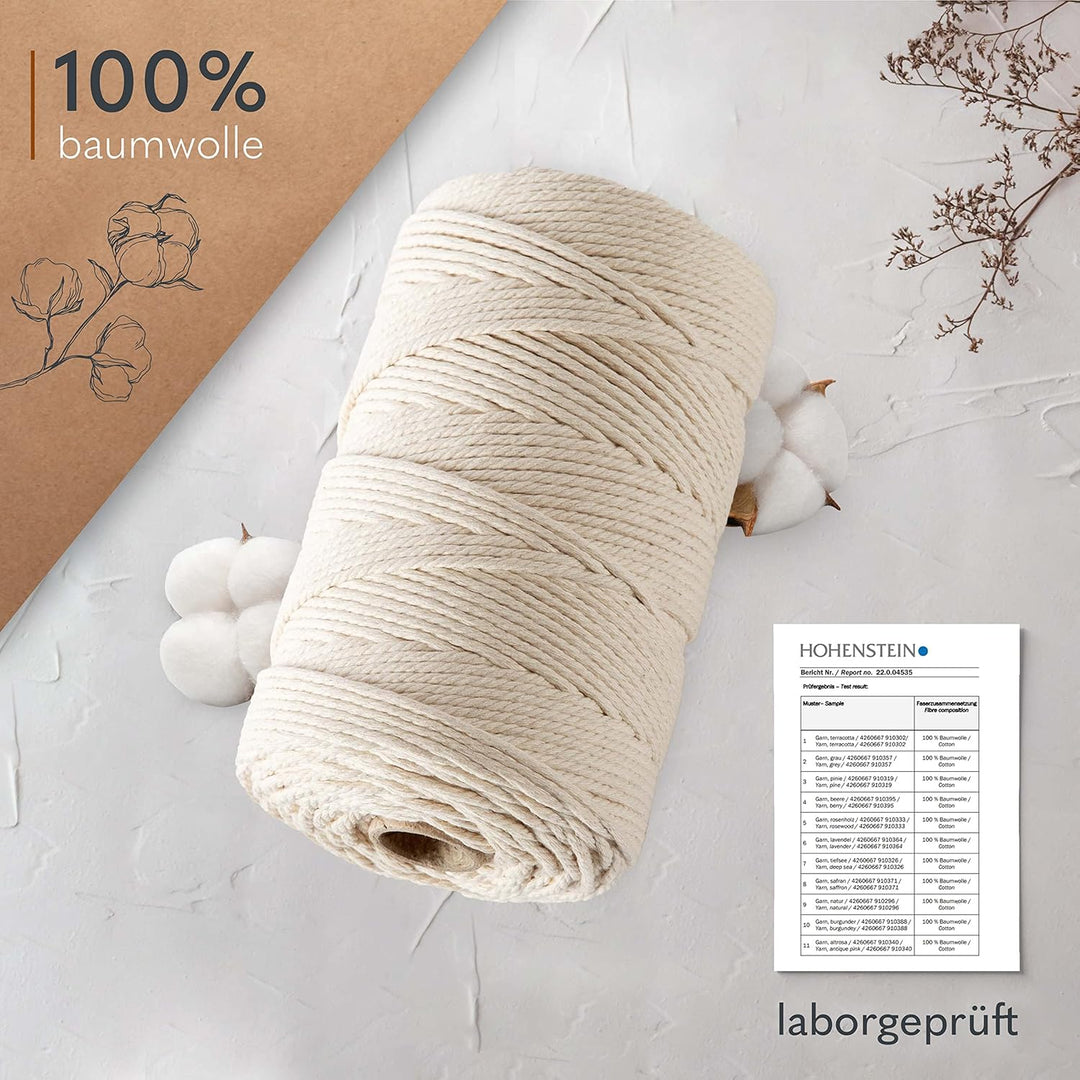 goldmariechen Premium Makramee Garn 3er Set (Naturell, Beere, Lavendel) | 3mm | 100% Baumwolle | pla