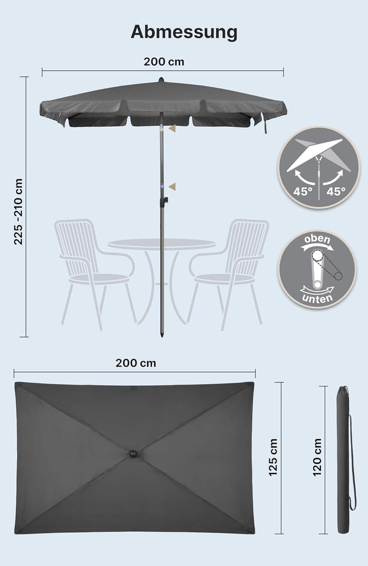 4smile Sonnenschirm Balkon SunnyShade, 200 x 125 cm, Anthrazit - UPF 50+ Sonnenschirm rechteckig als