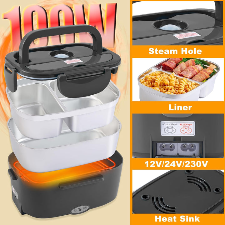 Nifogo Elektrische Lunchbox 100W, 1,5Lx2 für Auto/Lkw/Büro Beheizbare Lunchbox 12V/24V/230V Electric