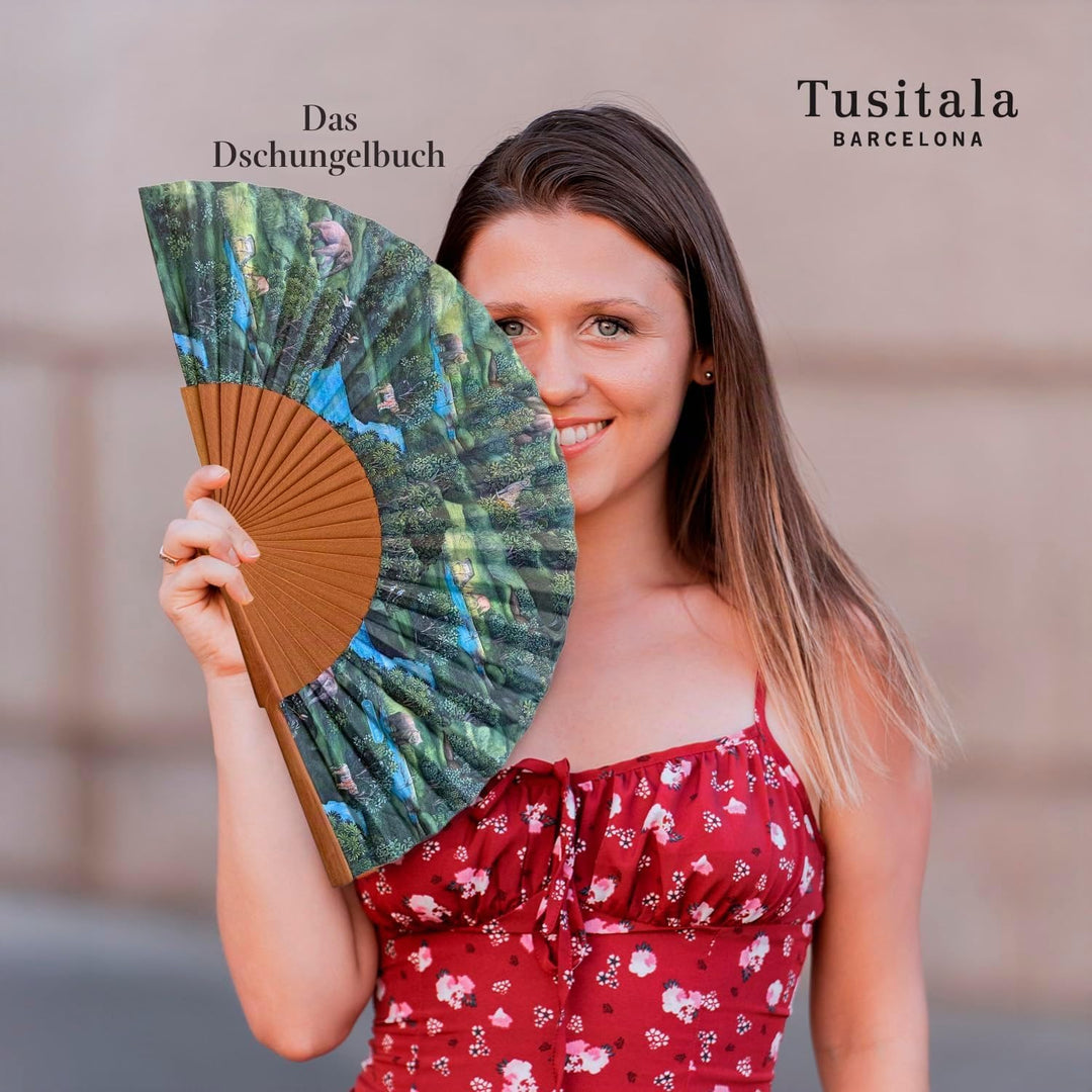 Spanischer Handfächer Libro de la Selva–Holz und Baumwolle–23 cm–Hülle und Einband aus Jute–Modeacce