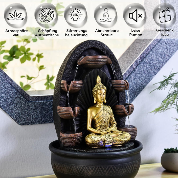 Innenbrunnen Wasserwand Kaskade Buddha Statue Abnehmbares farbenfrohes LED-Licht, Lucky Fountain mit