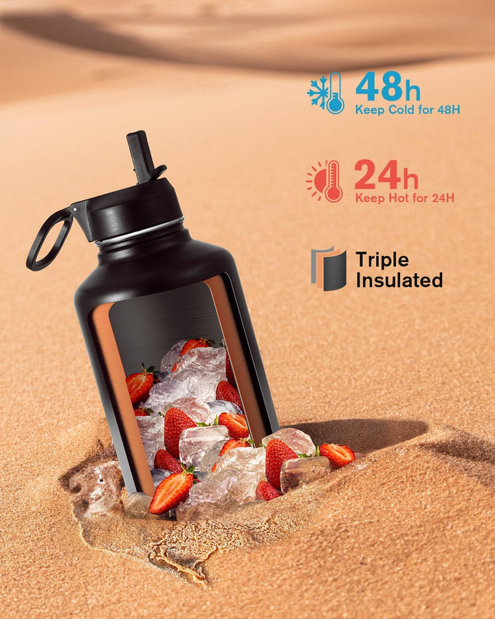Coolflask Isolierte Wasserflasche 2L mit Strohhalm & 3 Deckeln, Isolierte Wasserflasche aus Edelstah