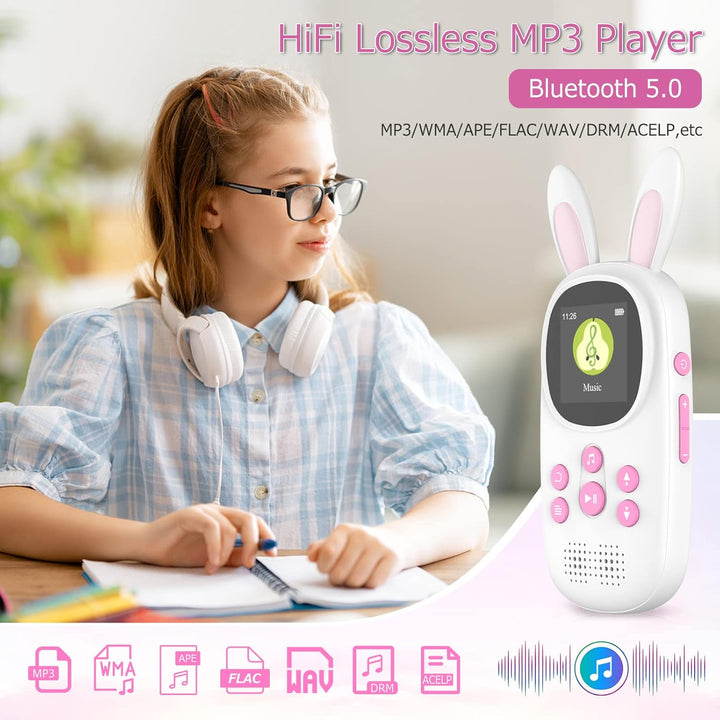 16GB Bluetooth MP3 Player , Niedlicher Hase Kinder Musik Player mit Kopfhörer &amp; Lautsprecher, mit FM