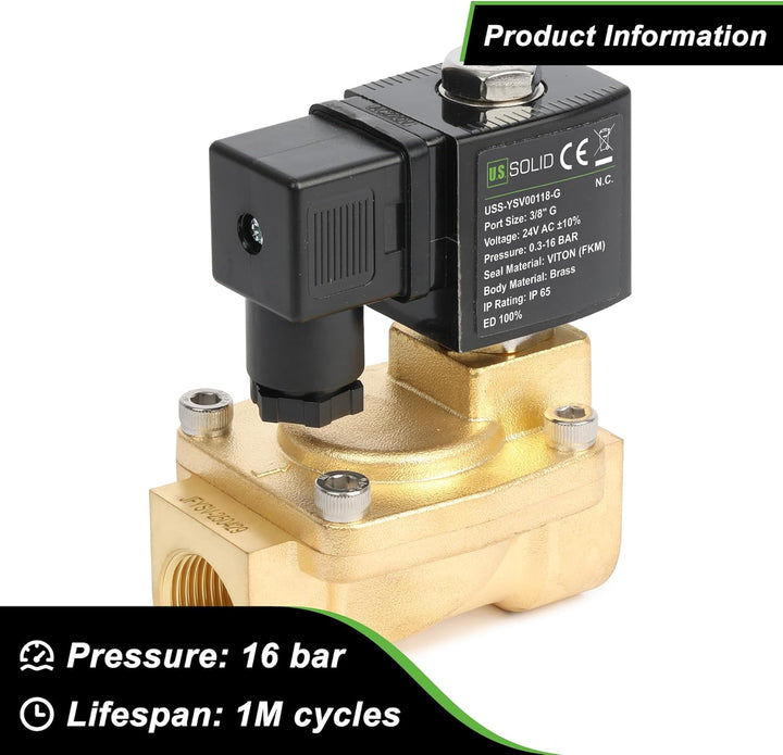 U.S. Solid Magnetventil Messing 3/8" 24V AC, 0,3-16 bar, stromlos geschlossen, VITON-Dichtung, G-Gew