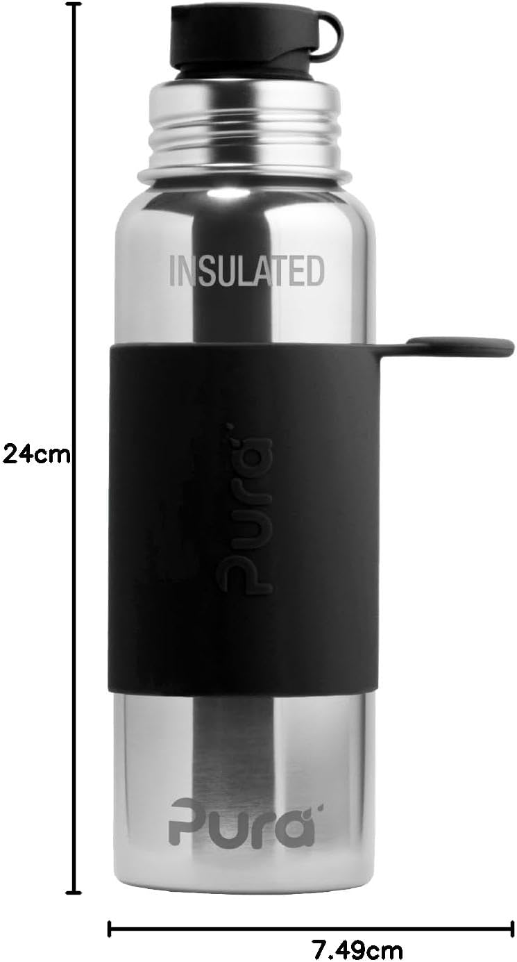Pura Sport vakuumisolierte 650 ml Edelstahl-Wasserflasche mit Silikon-Sport-Klappverschluss und Hüll