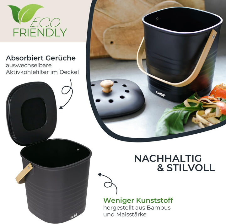 HMF Nachhaltiger Biomülleimer Küche, Geruchsdichter Komposteimer mit Deckel | 6 Liter | Schwarz Schw