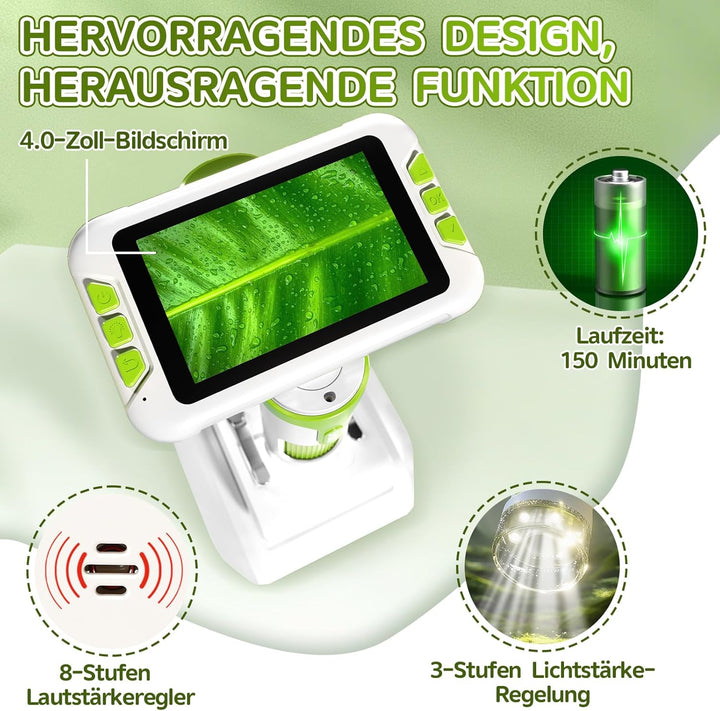 Mikroskop für Kinder, Digitales Mikroskop mit 4 Zoll LCD-Display und 1600X Grosse Vergrösserung, Mic