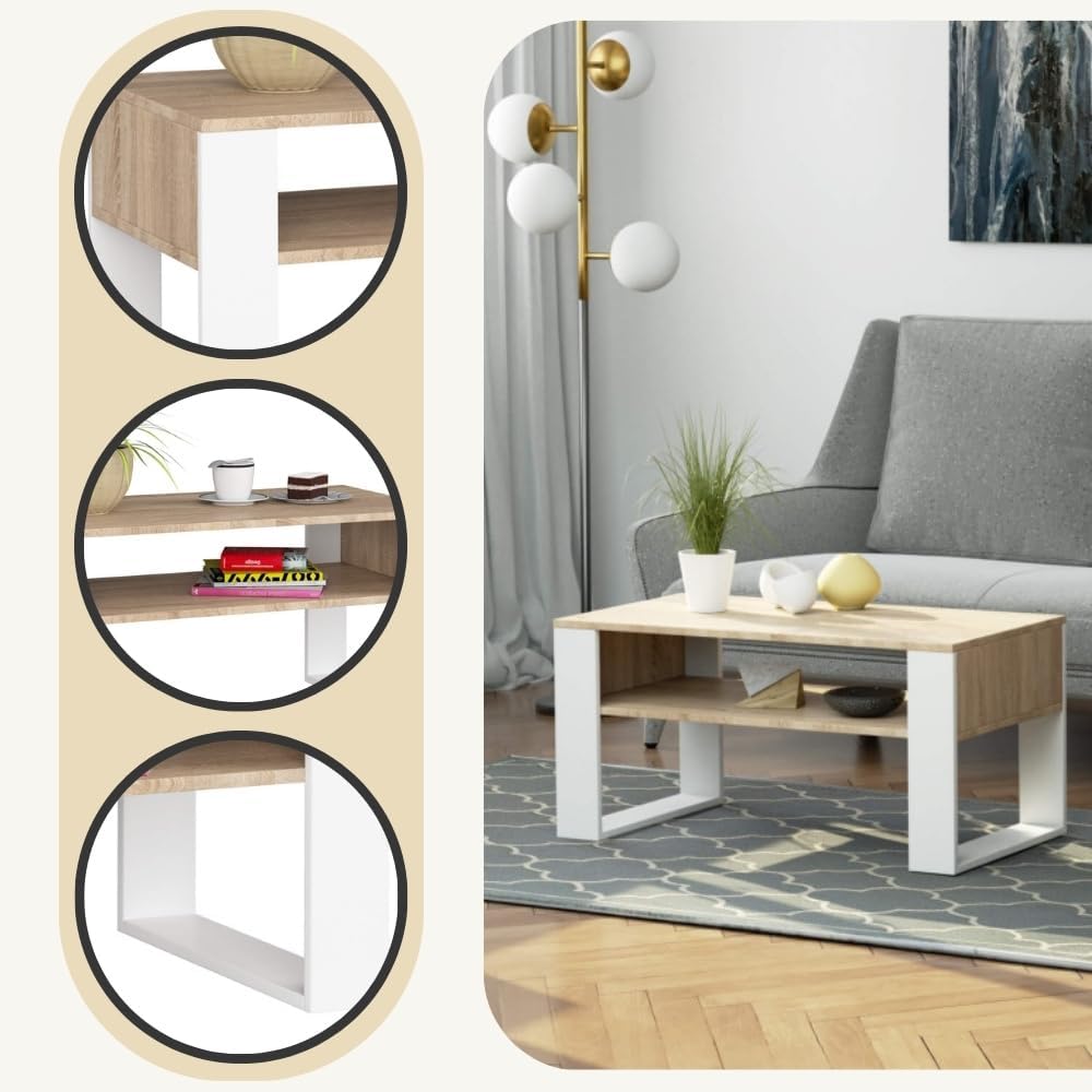 AKORD Couchtisch Holz DOMI mit einem Regal | 92x45x53cm | Für Wohnzimmer | Schlafzimmer Schrank | Mi