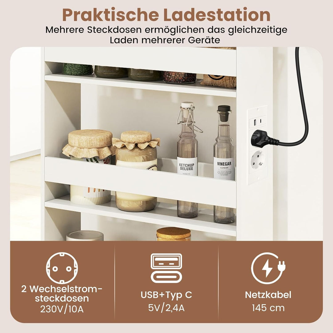 COSTWAY Nischenwagen 13cm breit, 4 Etagen Küchenwagen schmal mit Ladestation, Nischenregal auf Rolle