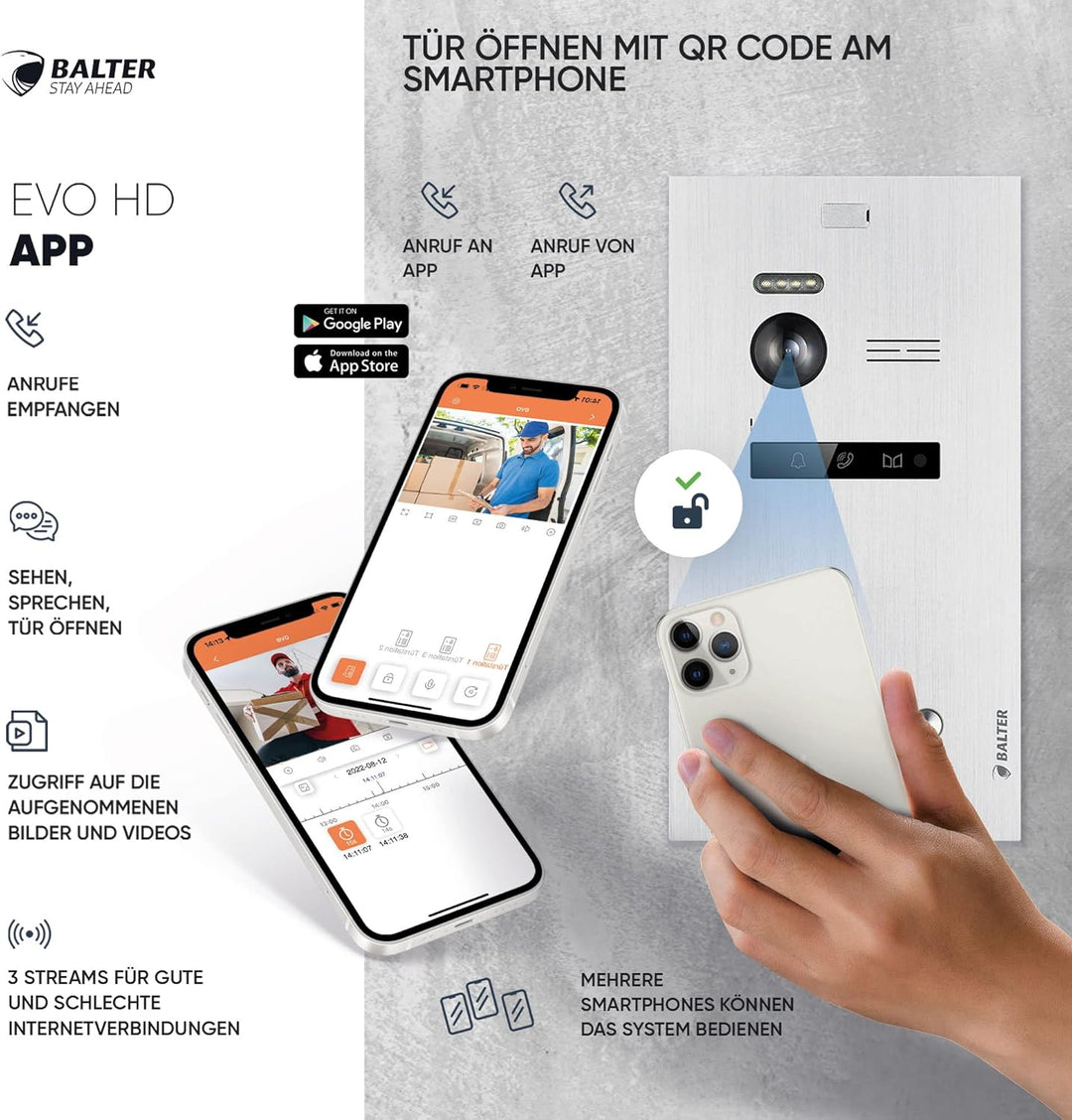 Balter EVO-HD Video Türsprechanlage, Video Türklingel, Smartphone App, 1 Familienhaus Klingel, 4X 7