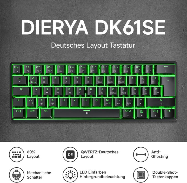 Dierya DK61SE-D Gaming Tastatur 60 Prozent Mechanische Blauer Schalter,QWERTZ Deutsches Layout,Ultra