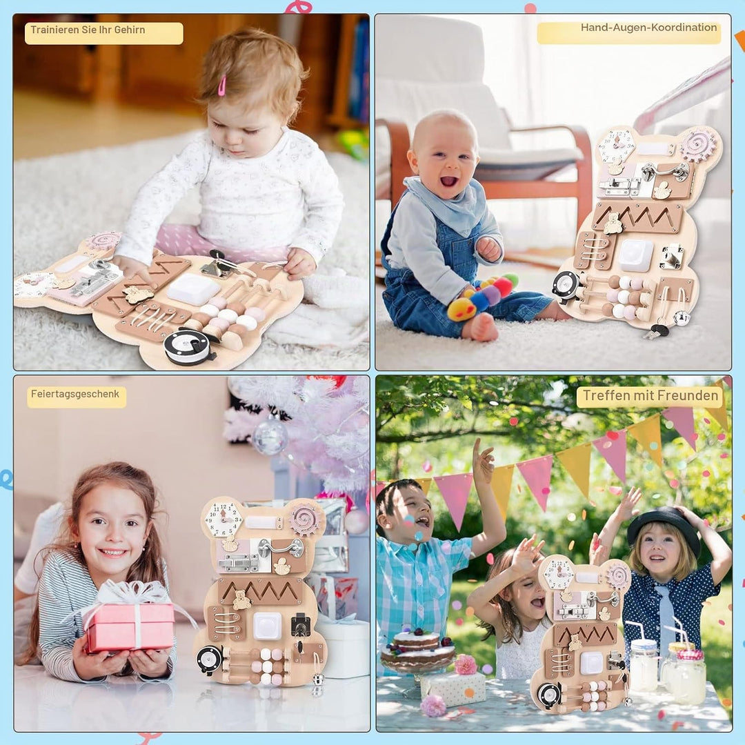 Montessori Busy Board, Motorikwand Sensorisches Spielbrett mit Schlüssel, Riegel, Uhr Erlernen, Hand
