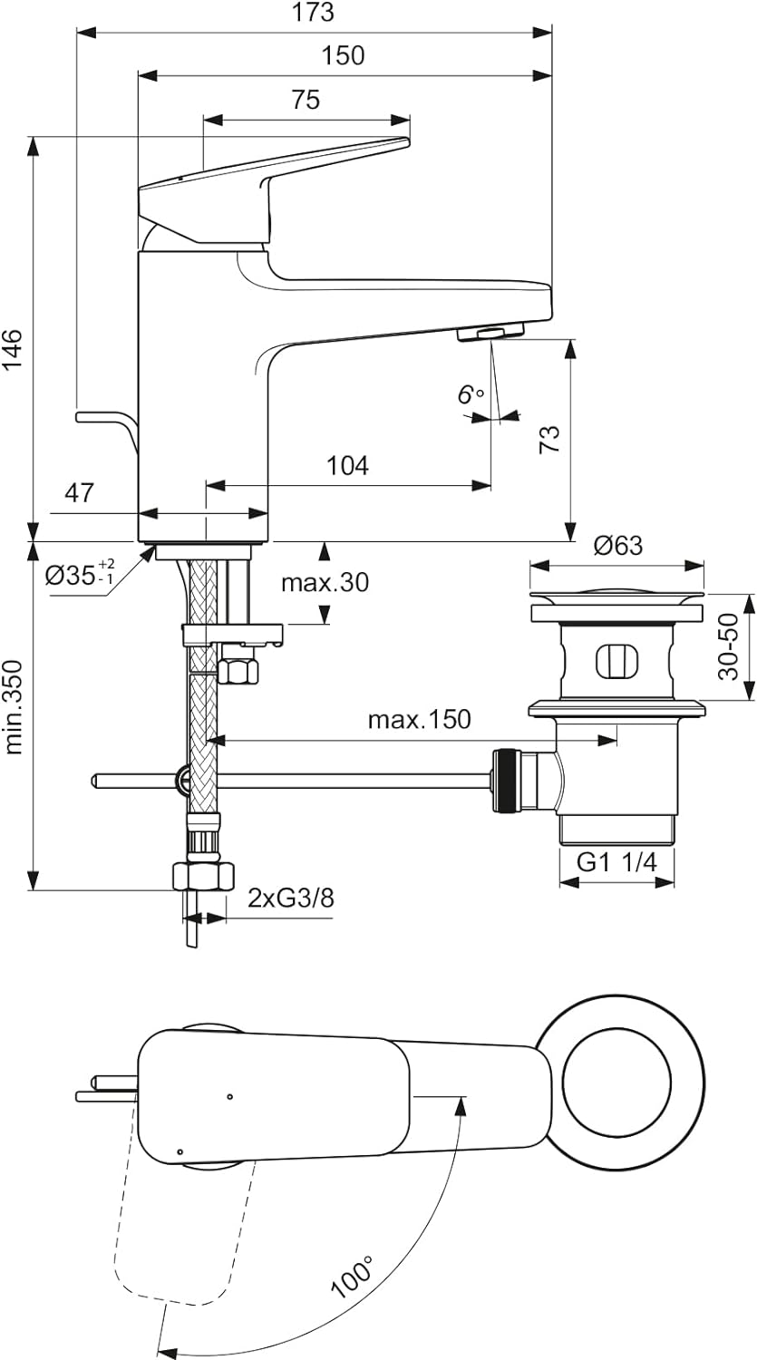 Ideal Standard BD215AA Ceraplan Waschtischarmatur mit Zugknopf-Ablaufgarnitur Auslaufhöhe 73mm BlueS