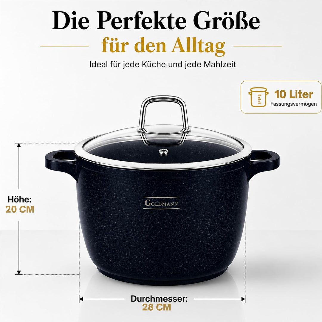 GOLDMANN 28 CM - 10L - Aluguss-Kochtopf/Suppentopf mit Glasdeckel und Silikongriffen, Marmor-Keramik