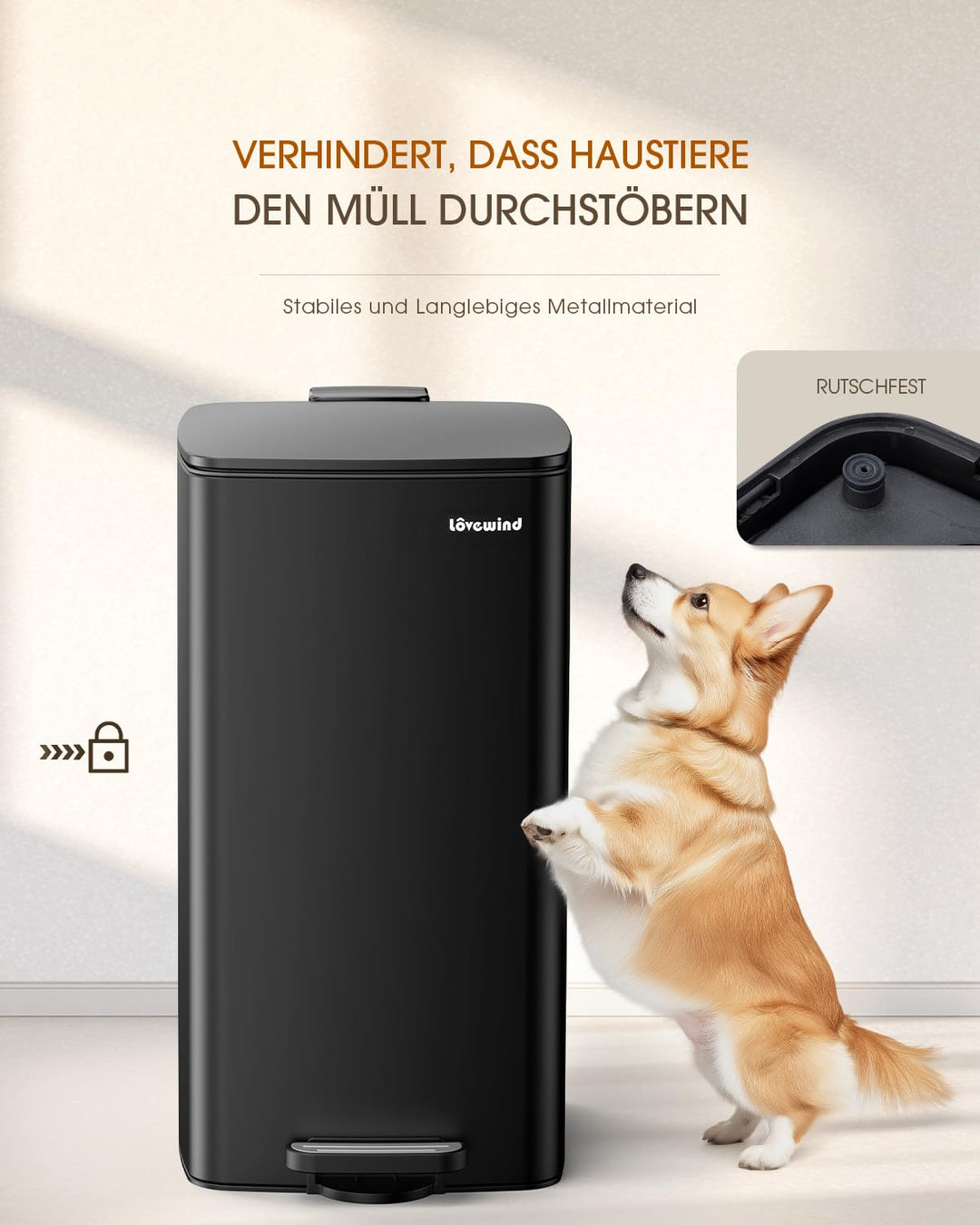 lovewind Küchenabfalleimer, 30L Schwarzer Mülleimer aus Edelstahl mit Pedal, mit Deckel und Inneneim