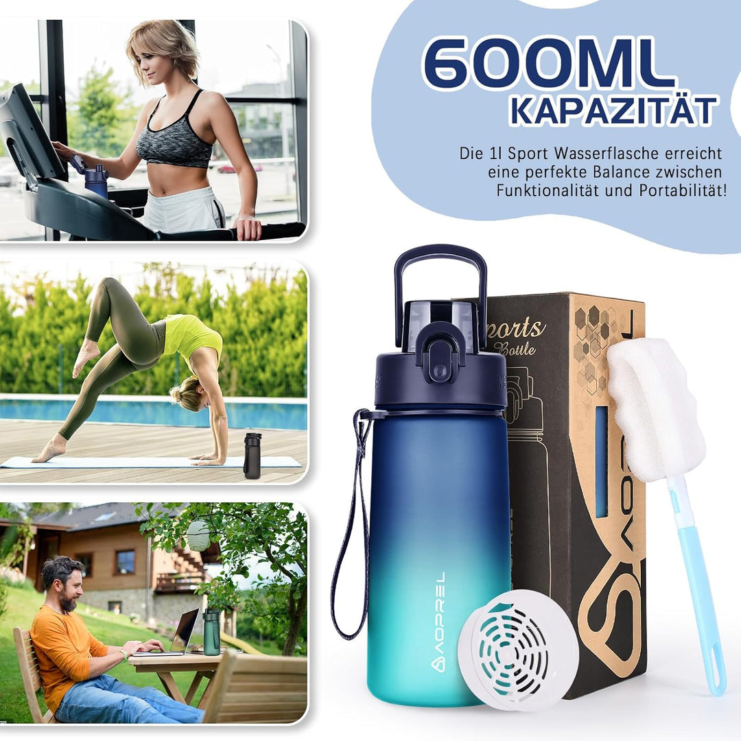 Trinkflasche 600ml, Wasserflasche BPA-Frei aus Tritan, Sport Trinkflasche Auslaufsicher 600ml Flasch
