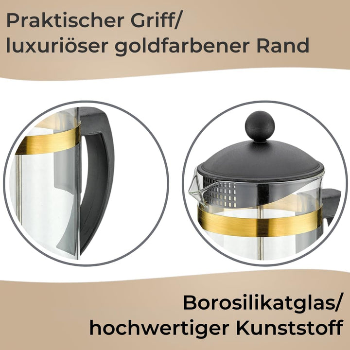 Cilio Kaffeebereiter MARIELLA ORO – 1L, 8 Tassen - Stillvolle Kaffeepresse aus Borosilikatglas/Rand